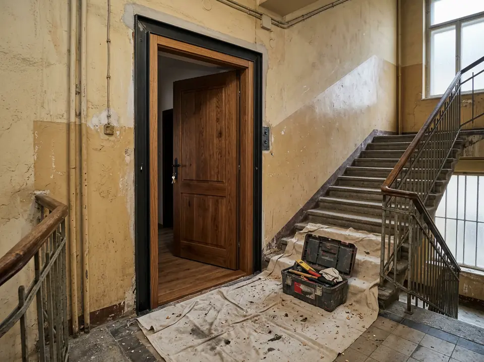 Frissen beépített tömör fa bejárati ajtó acéltokkal egy régi bérház lépcsőházában, a lépcsőpihenőn takarófólia és szerszámosláda